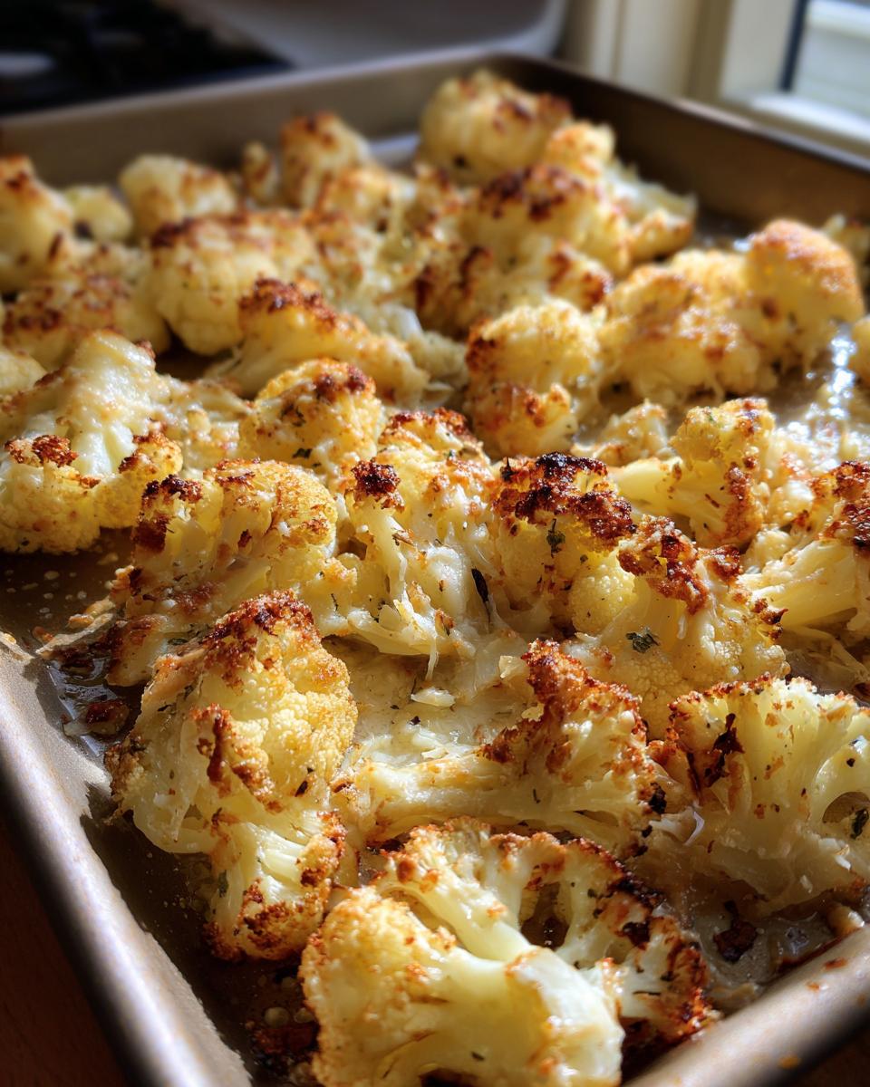 Golden roasted garlic parmesan cauliflower florets on a baking tray with crispy edges.