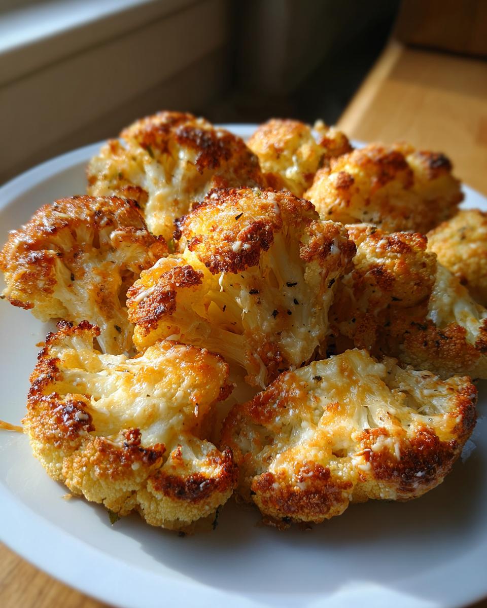 Close-up of golden roasted garlic parmesan cauliflower on a white plate.