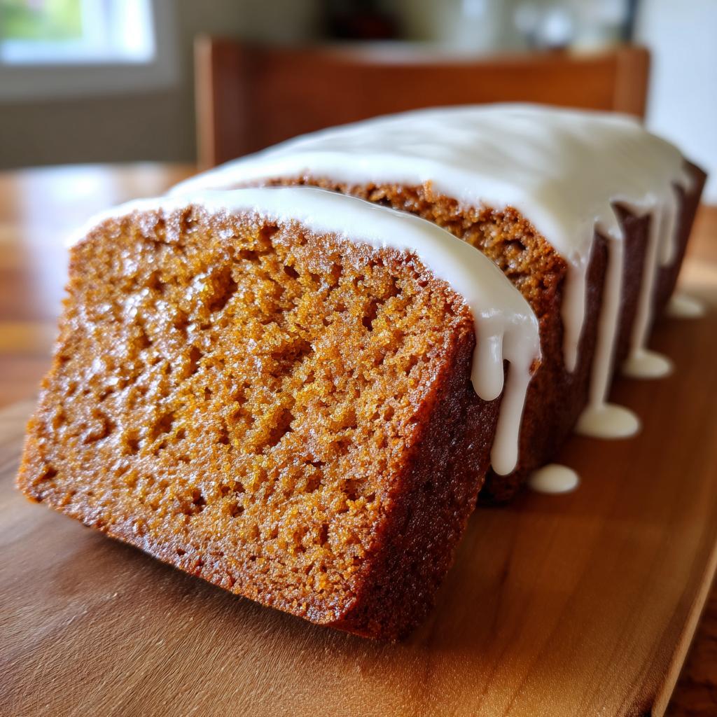 Close-up of a sliced gingerbread loaf cake with cream cheese glaze dripping over the edges.