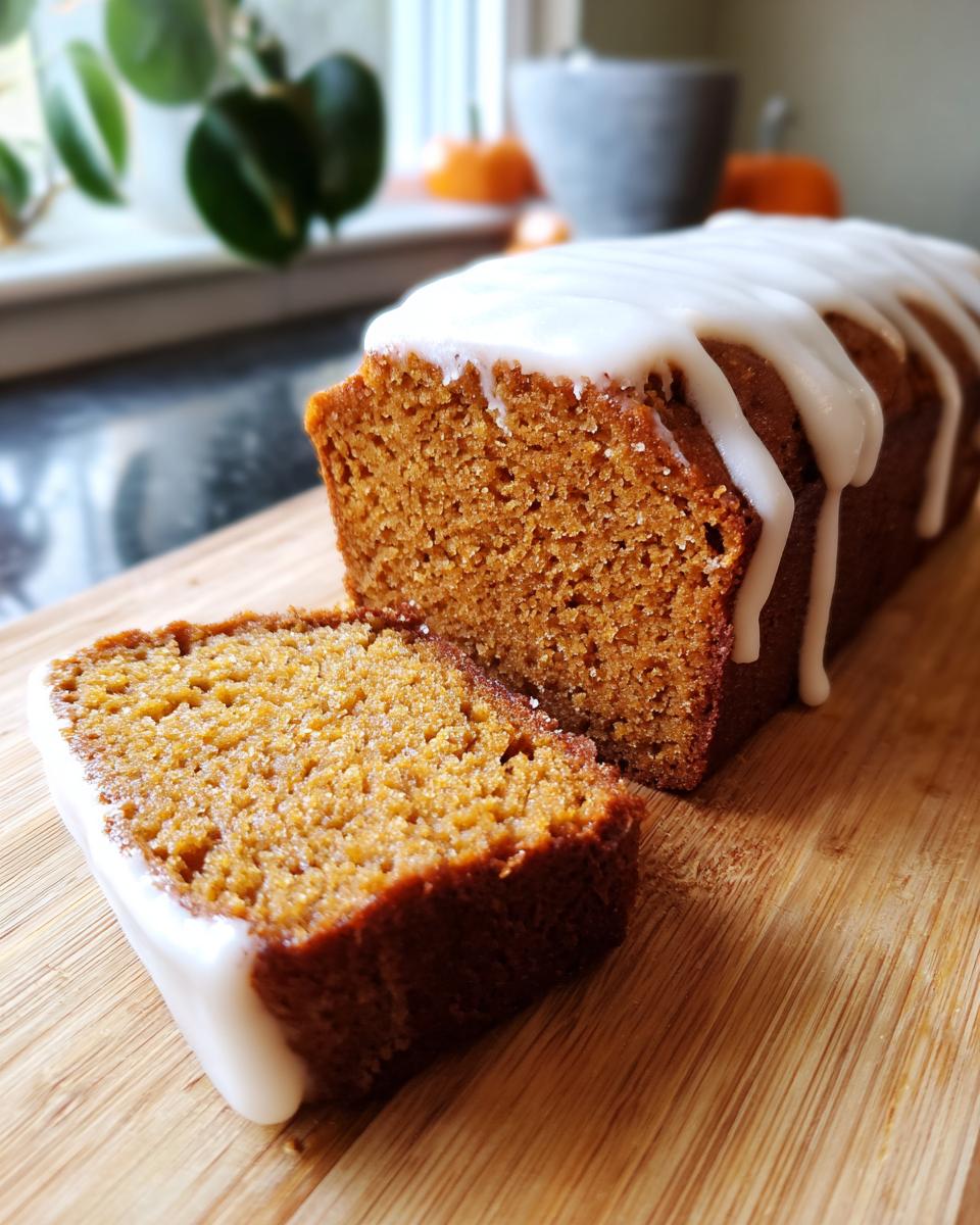 Sliced gingerbread loaf cake with cream cheese glaze dripping down the side on a wooden board.