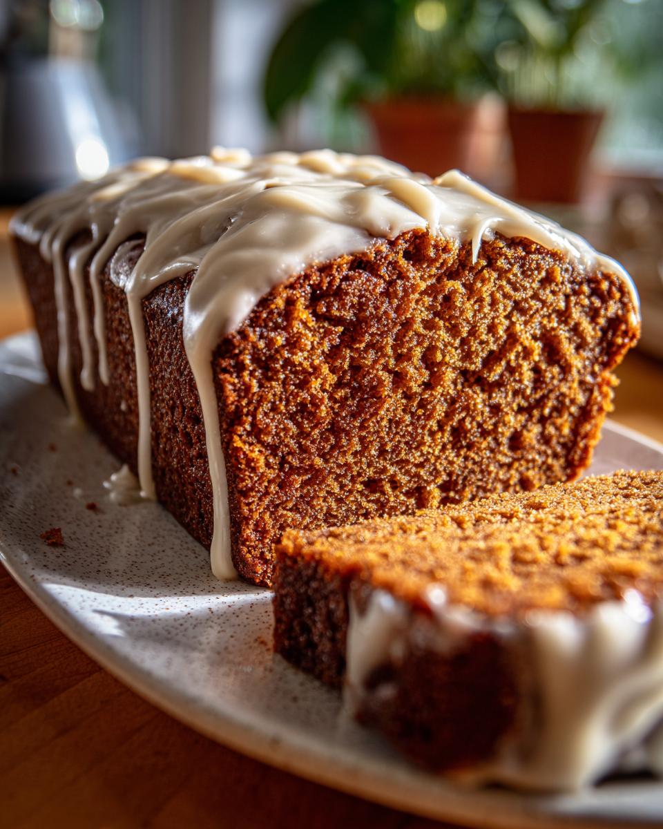 Close-up of a gingerbread loaf cake with cream cheese glaze dripping over the edges on a plate.