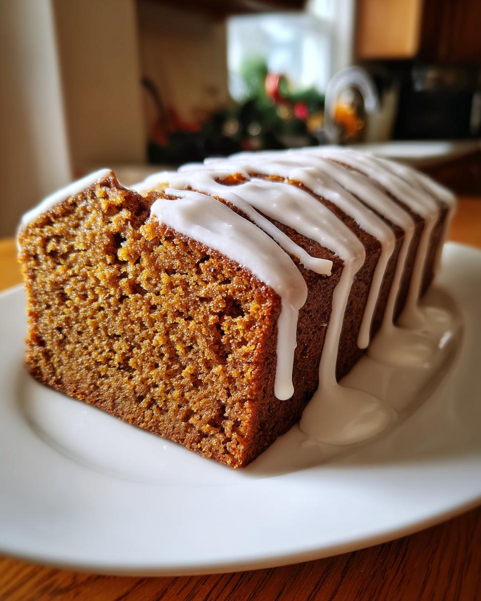 Close-up of gingerbread loaf cake with cream cheese glaze dripping on a white plate.