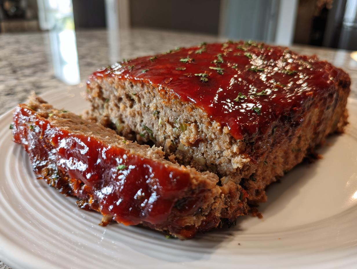 Close-up of a glazed garlic herb meatloaf slice on a white plate with herbs on top.