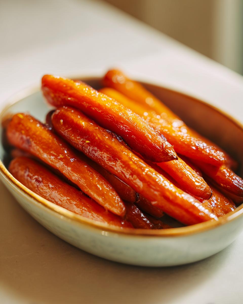 Close-up of shiny glazed honey roasted carrots served in a bowl.