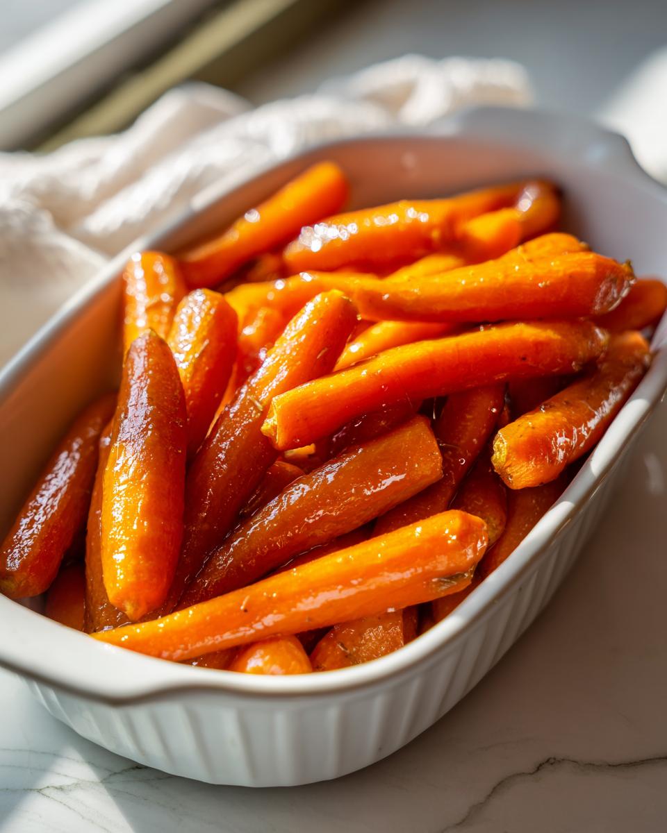 Close-up of glossy honey roasted carrots in a white ceramic dish.
