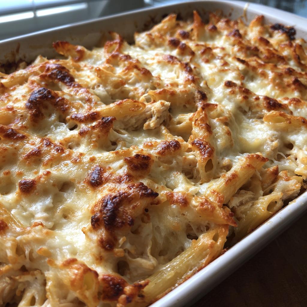 Close-up of cheesy golden chicken alfredo pasta bake in a white casserole dish