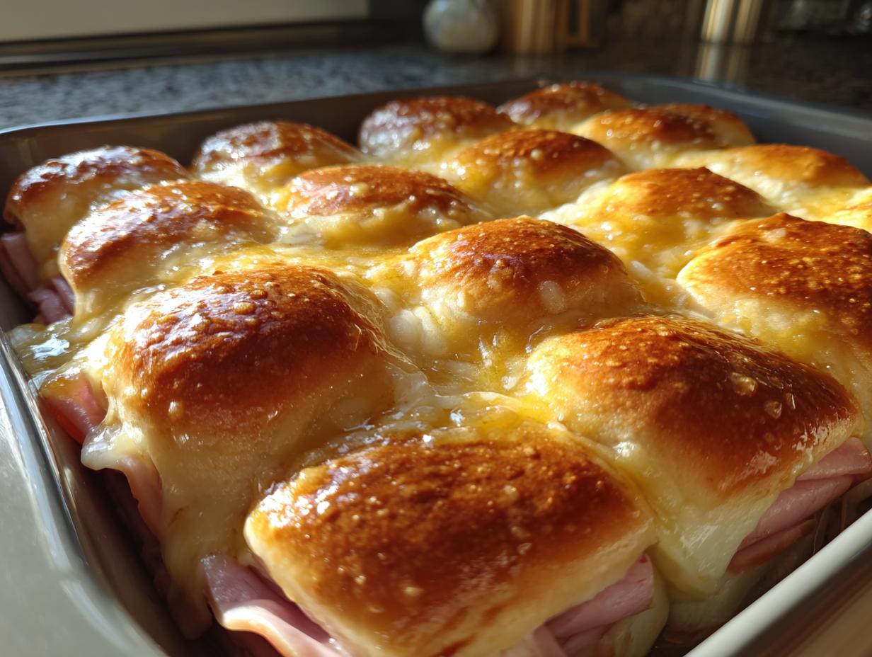 Close-up of freshly baked ham swiss sliders with melted cheese topping in a baking dish.