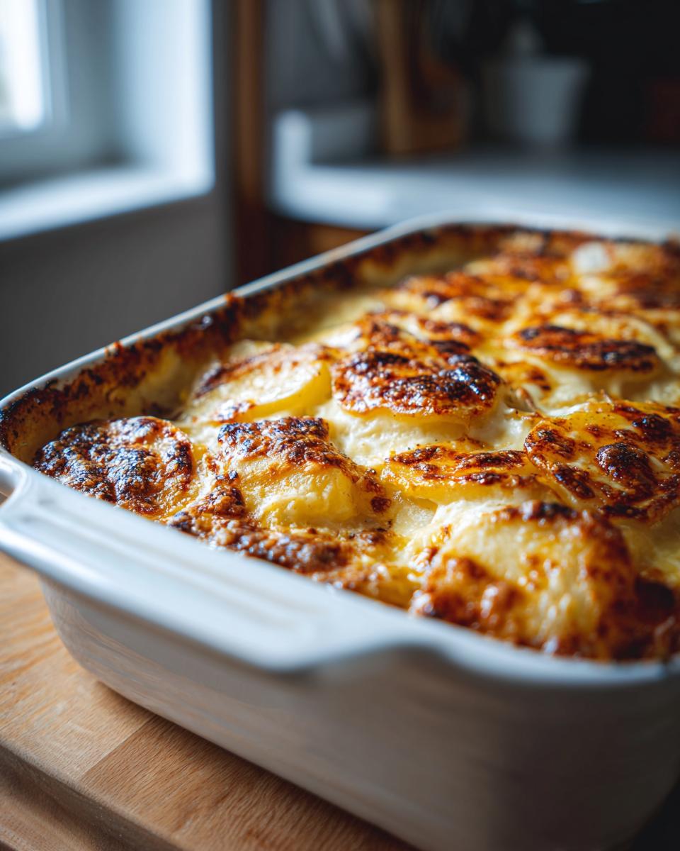 Close-up of creamy scalloped potatoes baked to golden perfection in a white ceramic dish.