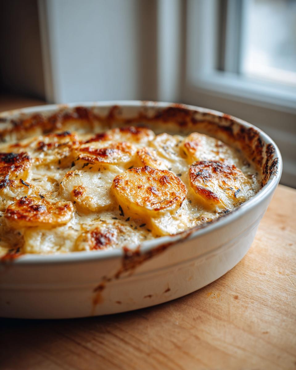 Close-up of creamy scalloped potatoes with golden brown top in a white baking dish.