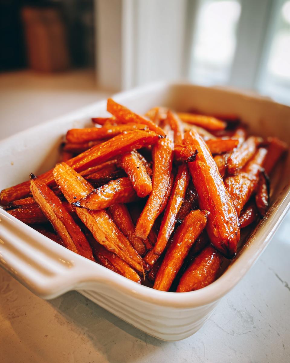 Glazed honey roasted carrots cooked to a golden brown in a white ceramic dish.