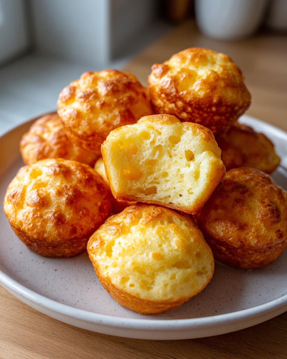 Close-up of golden sheet pan pancake bites for kids piled on a white plate.