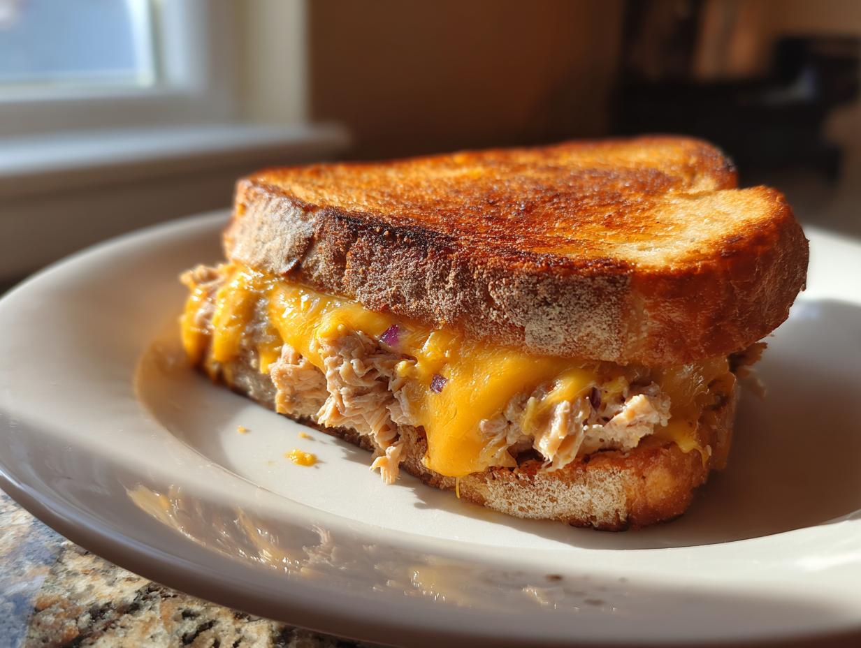 Close-up of a tuna melt sandwich with melted cheddar cheese on toasted bread