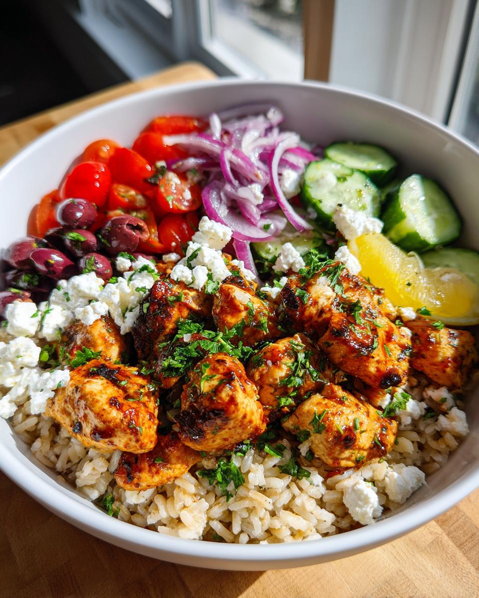 Greek chicken rice bowl meal prep with grilled chicken, rice, cucumbers, tomatoes, olives, red onions, and feta cheese
