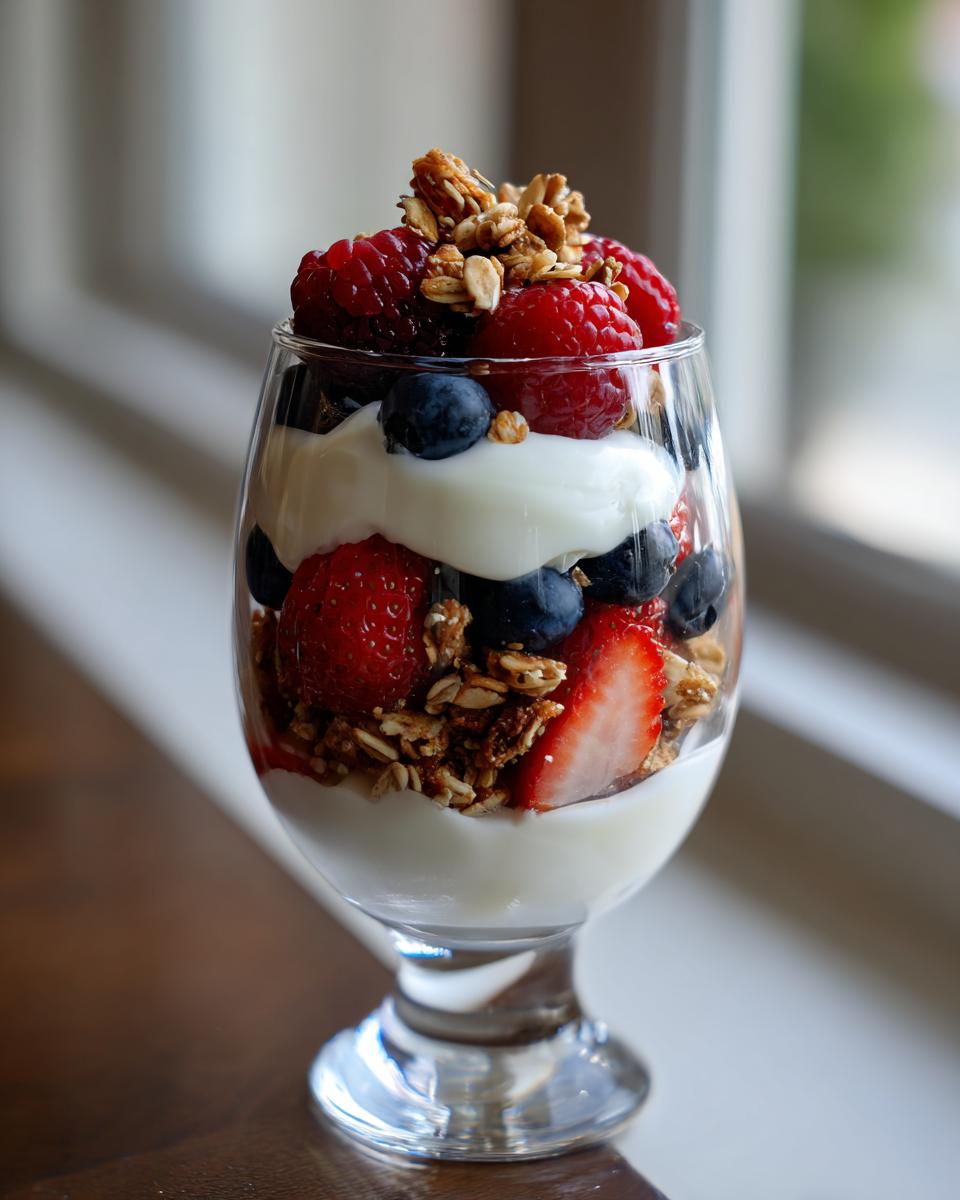 Layered greek yogurt berry parfait dessert with granola, strawberries, blueberries, and raspberries in clear glass