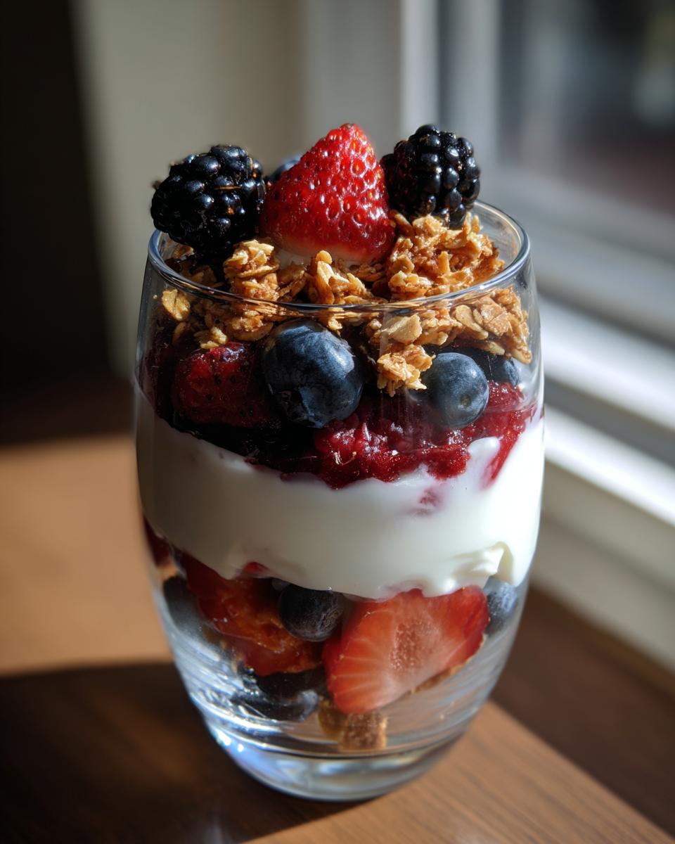 Layered greek yogurt berry parfait dessert with granola, strawberries, blueberries, and blackberries in a glass.