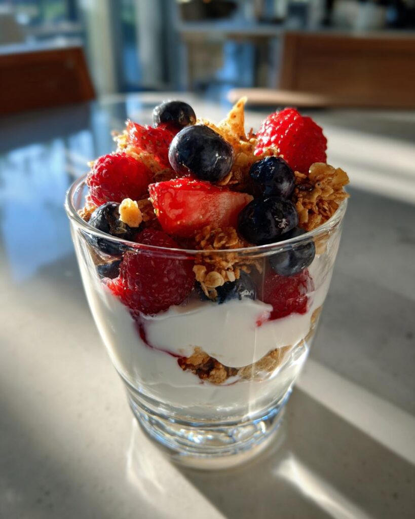Glass of greek yogurt berry parfait dessert with strawberries, blueberries, granola, and yogurt layers.
