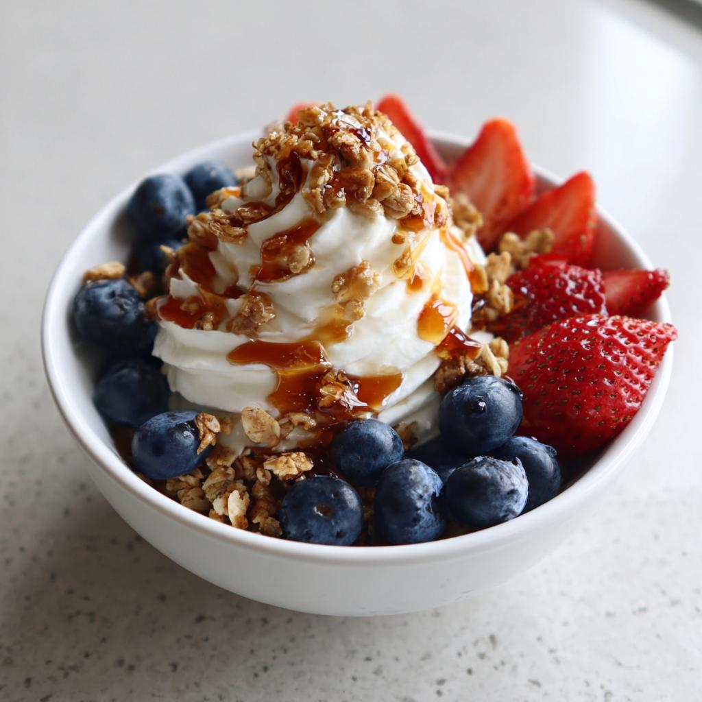 Bowl of greek yogurt breakfast bowl with granola topped with blueberries, strawberries, and drizzle of syrup