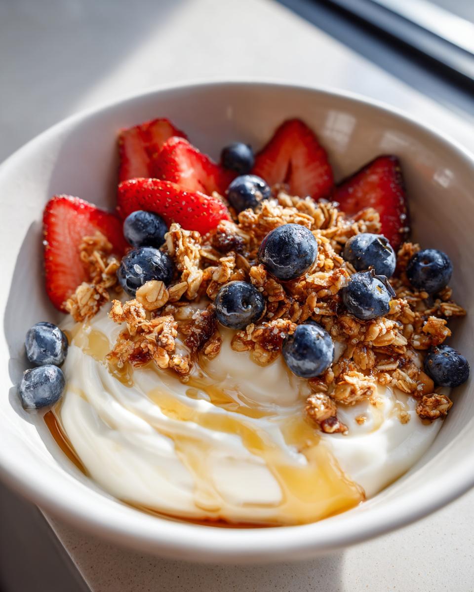 Bowl of greek yogurt breakfast bowl with granola topped with strawberries, blueberries, and honey drizzle.