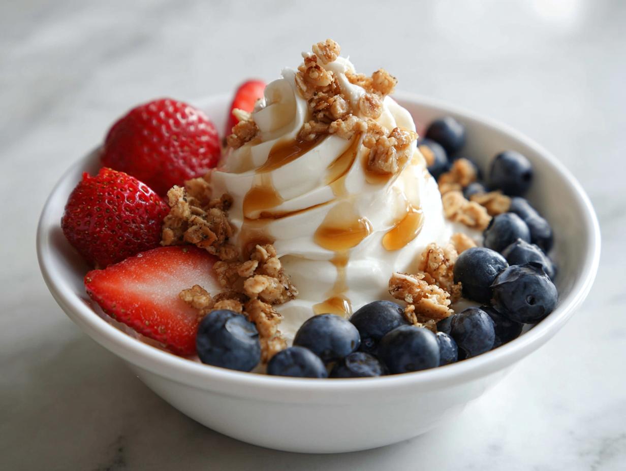 Greek yogurt breakfast bowl with granola, blueberries, strawberries, and honey drizzle in a white bowl.