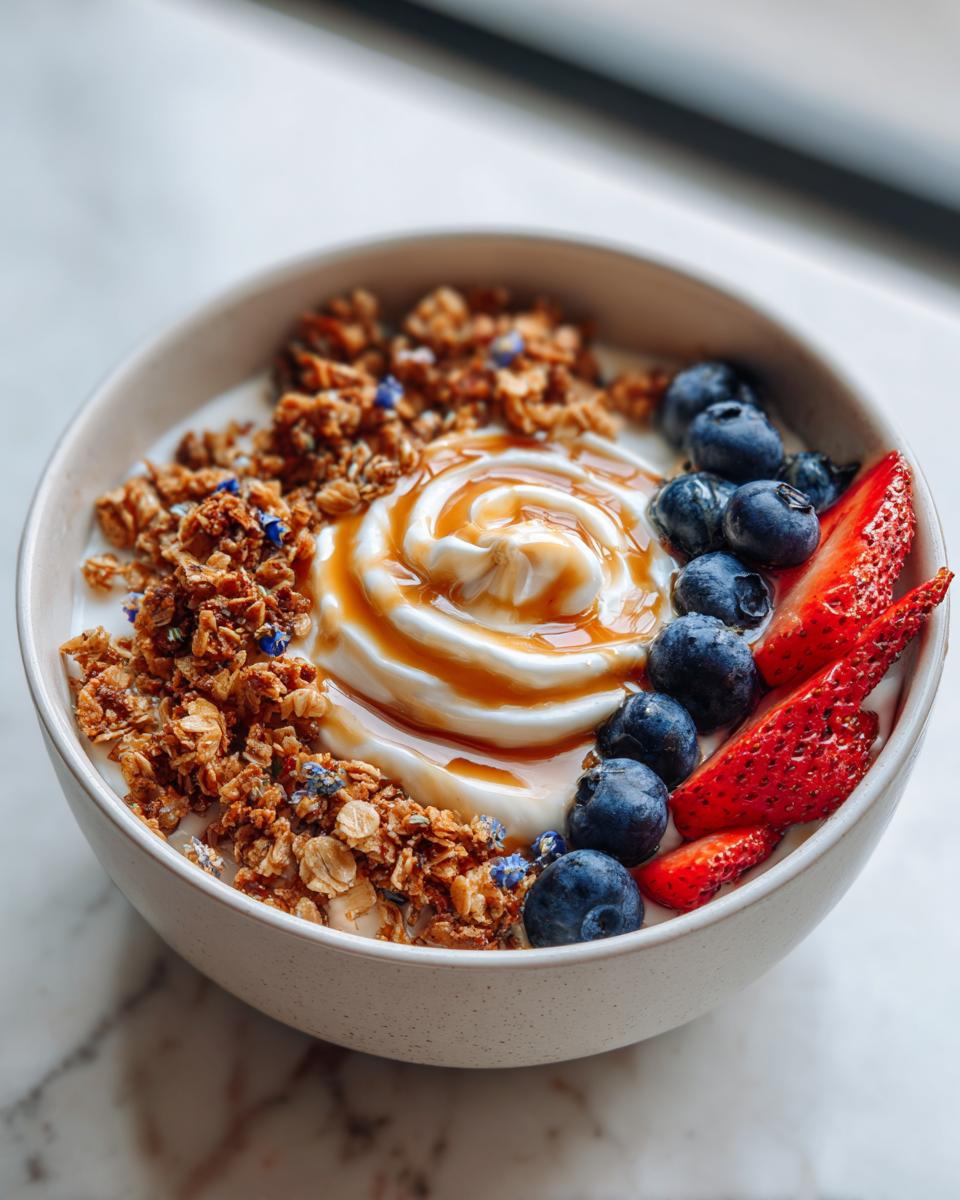 Bowl of greek yogurt breakfast bowl with granola, blueberries, strawberries, and drizzled honey.
