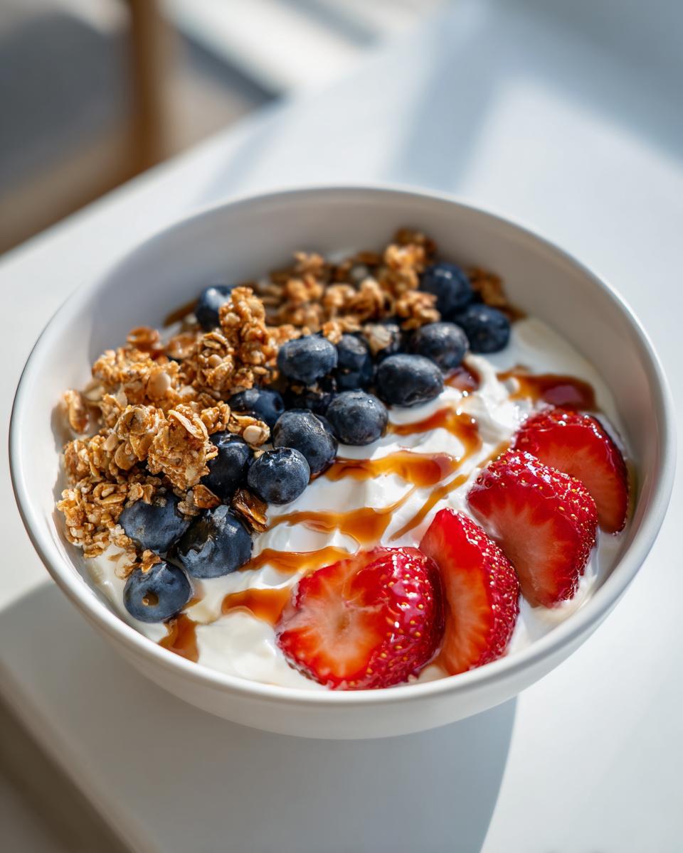 Bowl of greek yogurt breakfast bowl with granola, blueberries, strawberries, and honey drizzle.