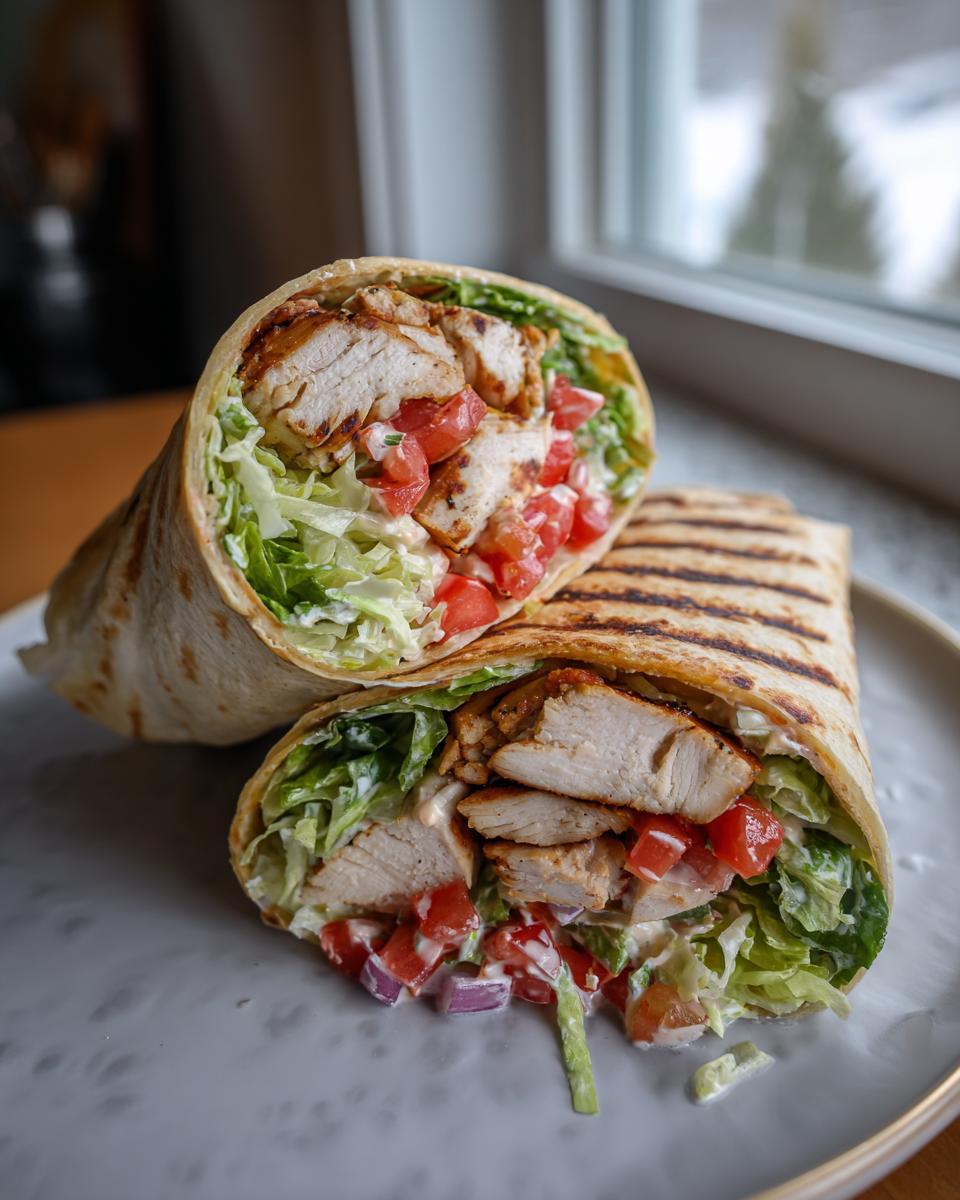 Close-up of grilled chicken hummus wrap lunch with lettuce, tomatoes, and onions on a plate.
