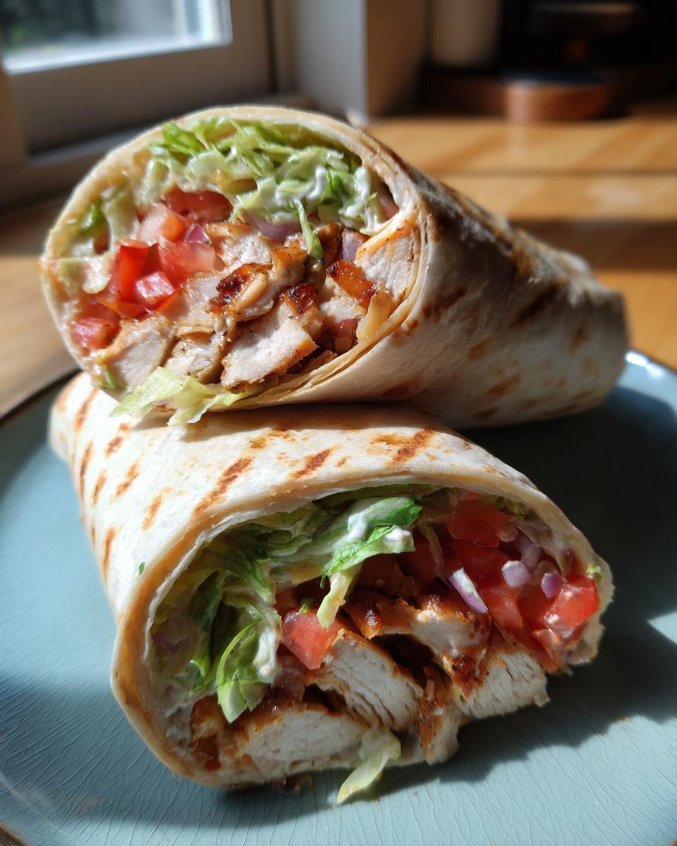 Close-up of a grilled chicken hummus wrap lunch cut in half with lettuce and tomatoes.