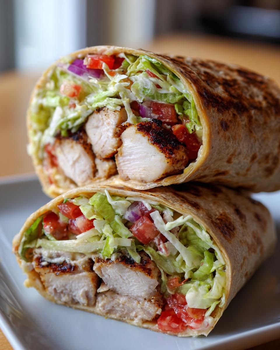 Close-up of grilled chicken hummus wrap lunch with chicken, lettuce, tomatoes, and onions