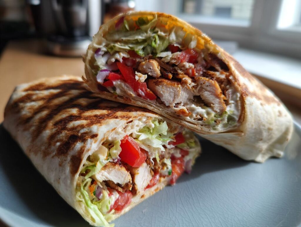 Close-up of grilled chicken hummus wrap lunch cut in half, showing chicken, lettuce, tomato, and onions inside