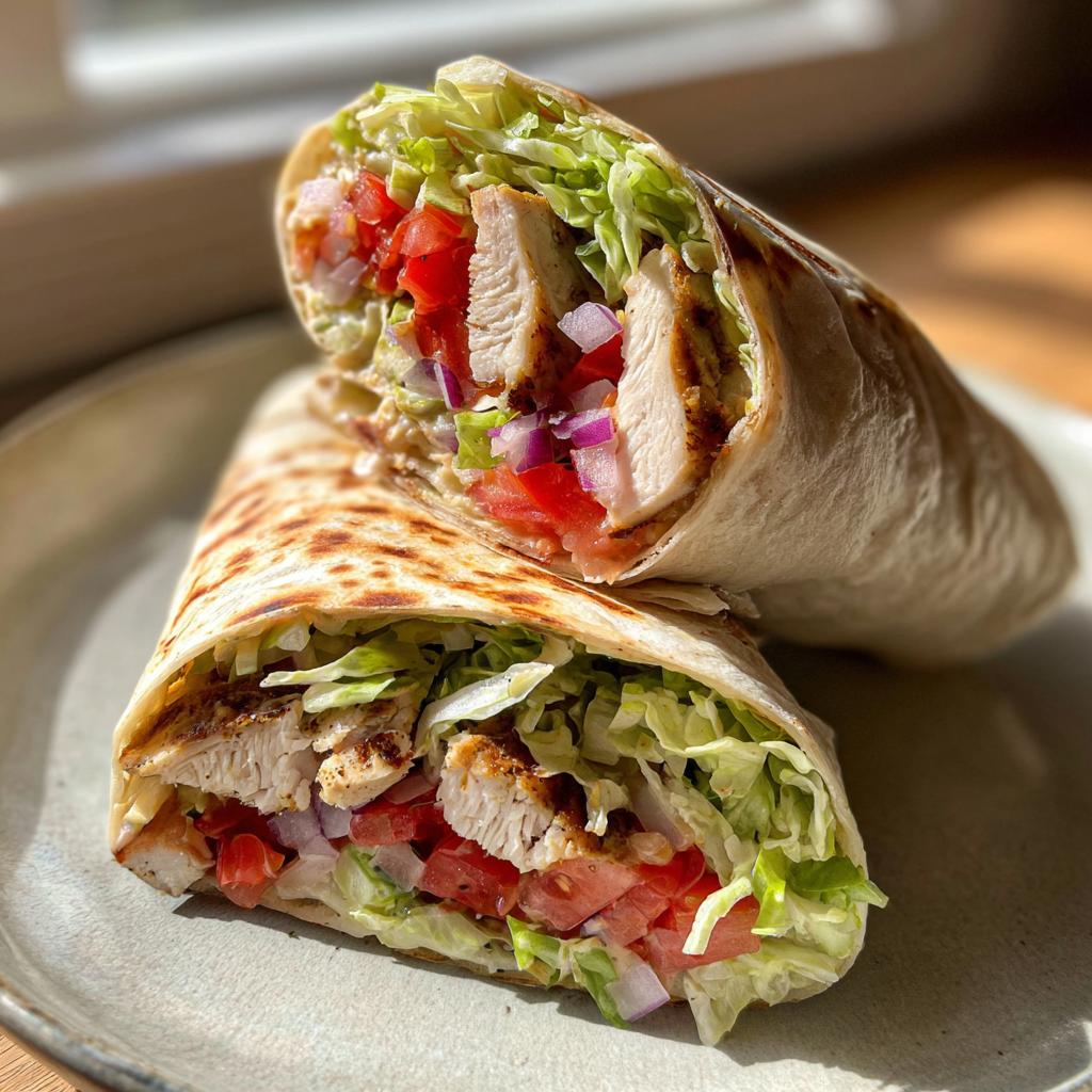 Close-up of a grilled chicken hummus wrap lunch with lettuce, tomato, and onion inside a toasted tortilla.
