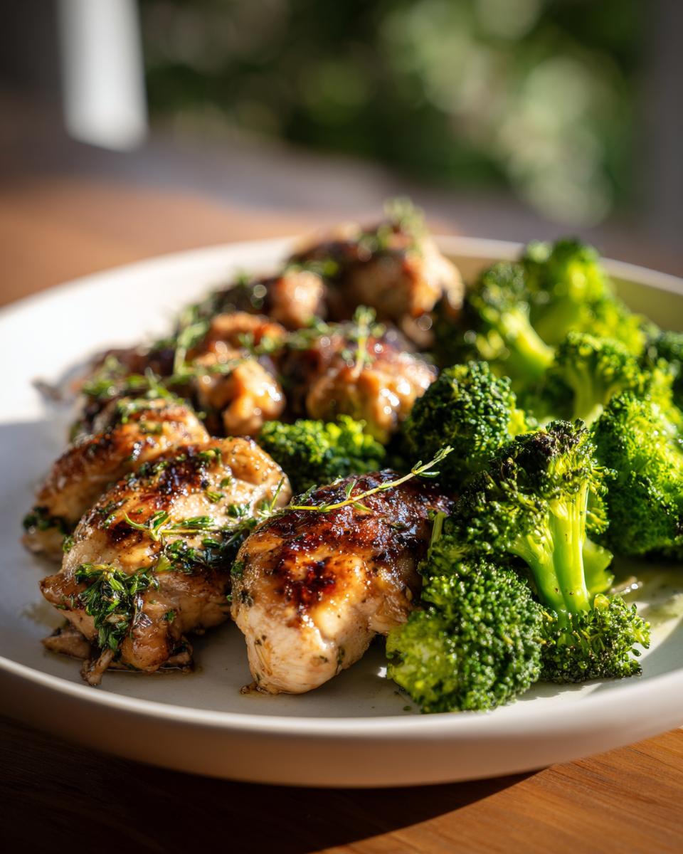 Plate with grilled lemon herb chicken and steamed broccoli on a wooden table.