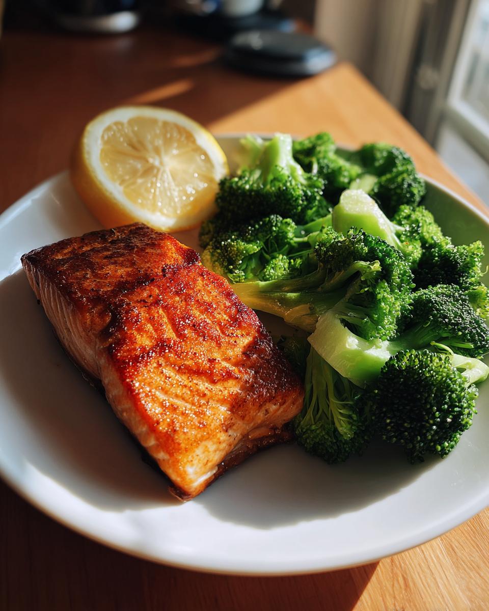 Grilled salmon with steamed broccoli plate served with a lemon wedge on a white dish.