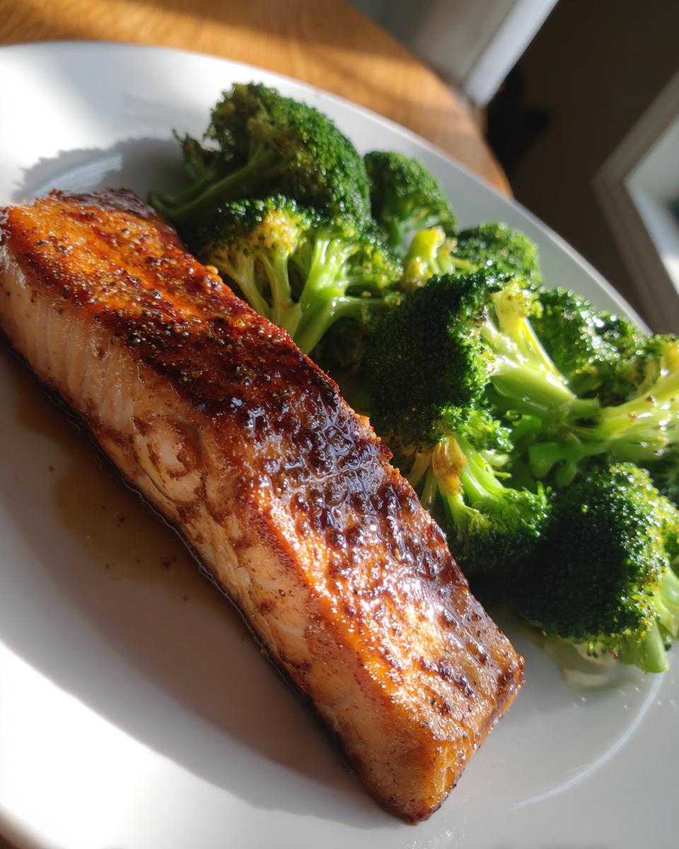 Close-up of grilled salmon with a side of steamed broccoli on a white plate