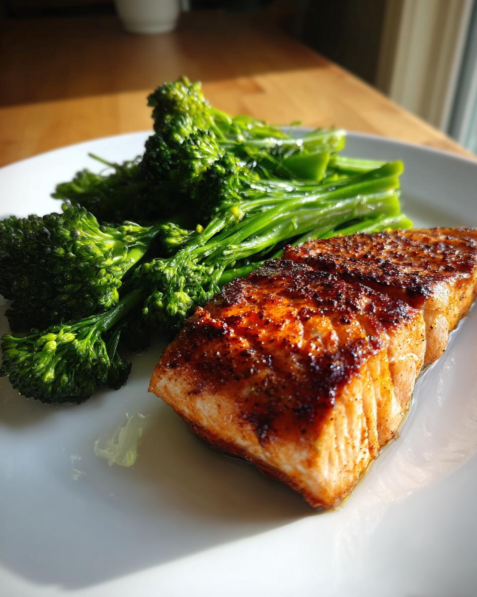 Close-up of grilled salmon with steamed broccoli plate on a white dish