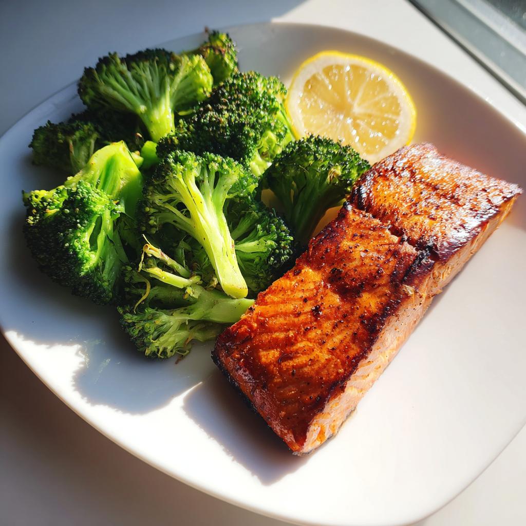 Plate with grilled salmon and steamed broccoli and a slice of lemon
