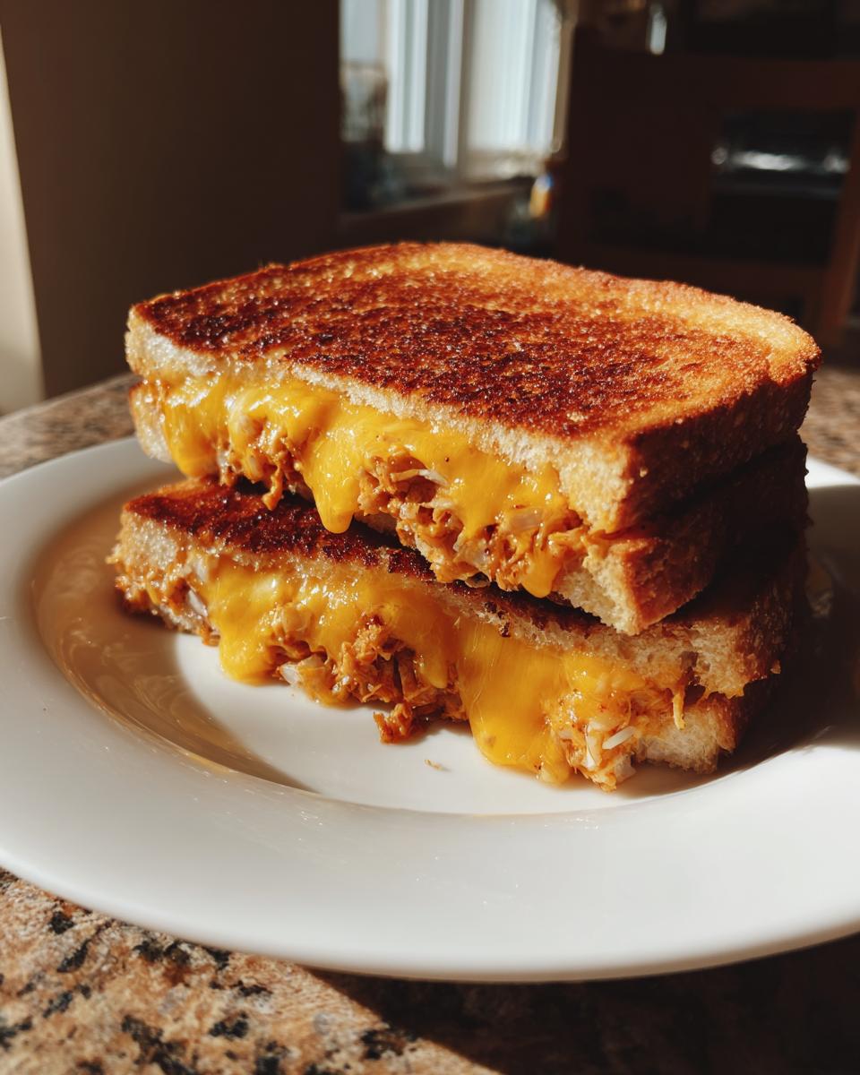 Close-up of a grilled tuna melt sandwich with melted cheddar cheese on toasted bread.