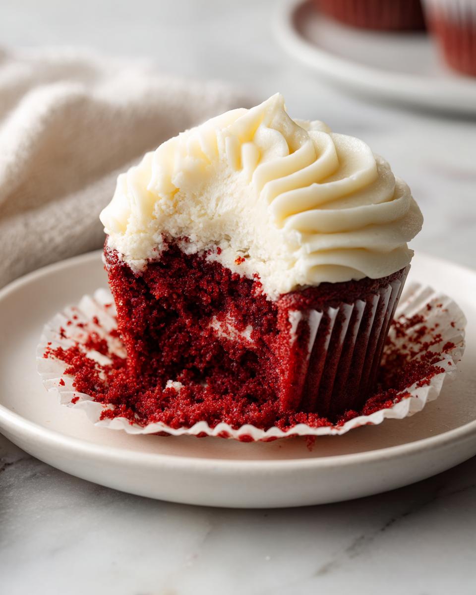 Close-up of a red velvet cupcake with cream cheese frosting partly eaten on a plate.