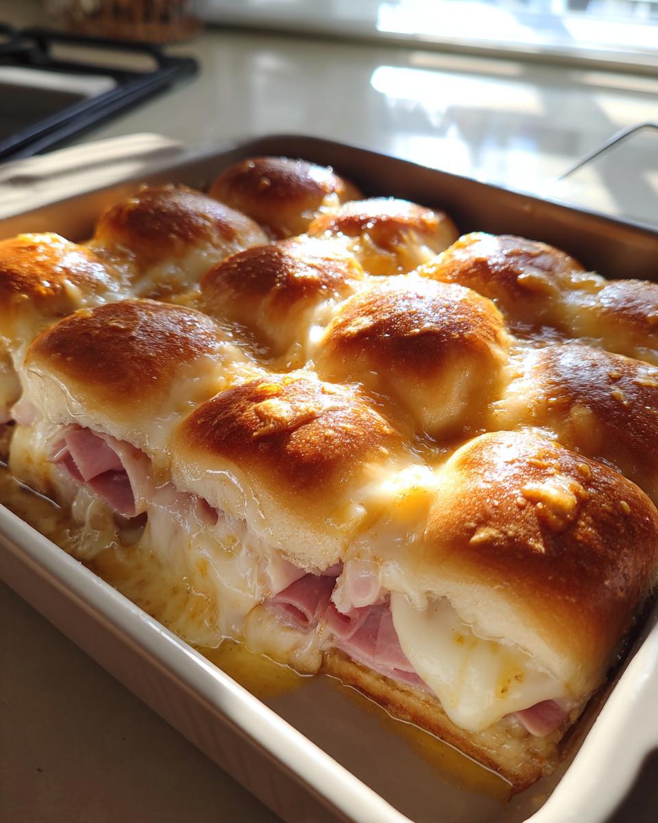 Close-up of ham swiss sliders baked with melted cheese and golden tops in a white baking dish.