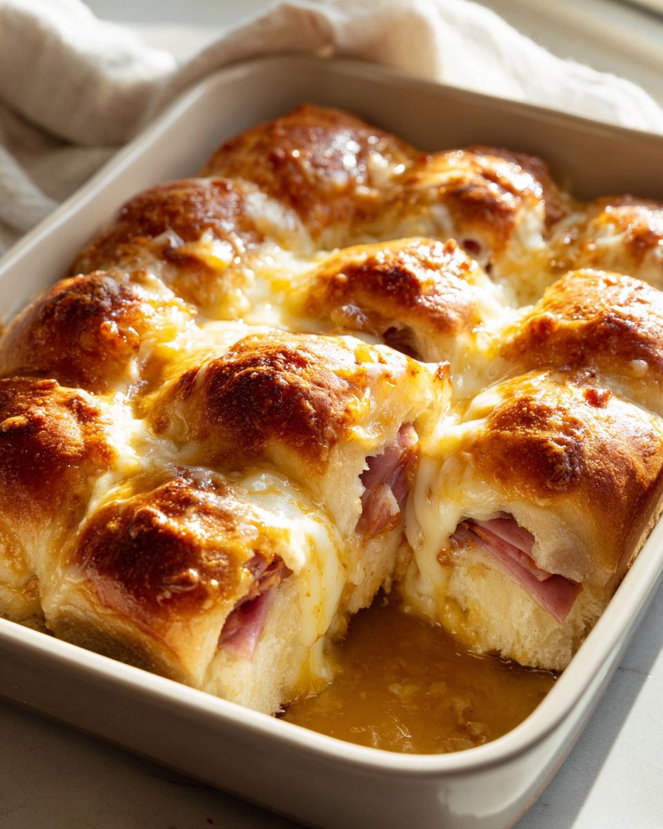 Baked ham swiss sliders with melted cheese in a baking dish with one slider pulled aside.