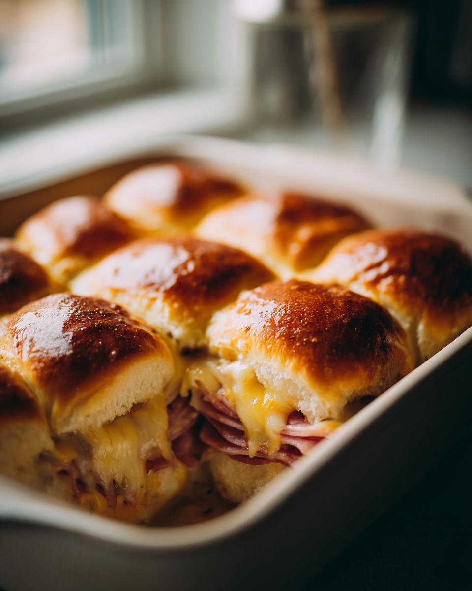 Close-up view of toasted ham swiss sliders with melted cheese in a baking dish.