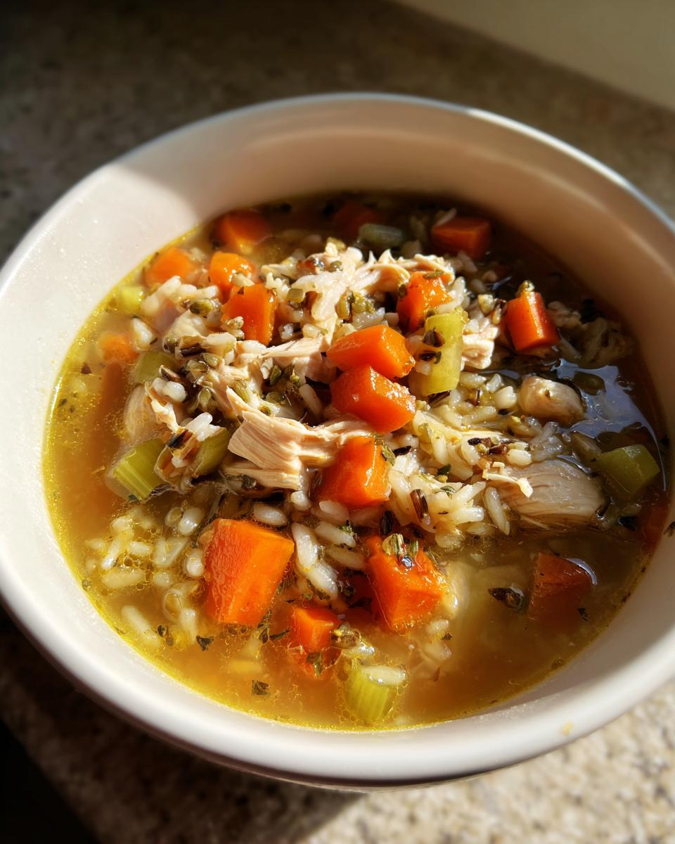 Bowl of chicken and wild rice soup healthy with carrots, celery, and shredded chicken.