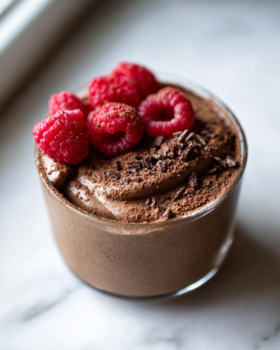 Glass cup of healthy chocolate avocado mousse dessert topped with raspberries and chocolate shavings.