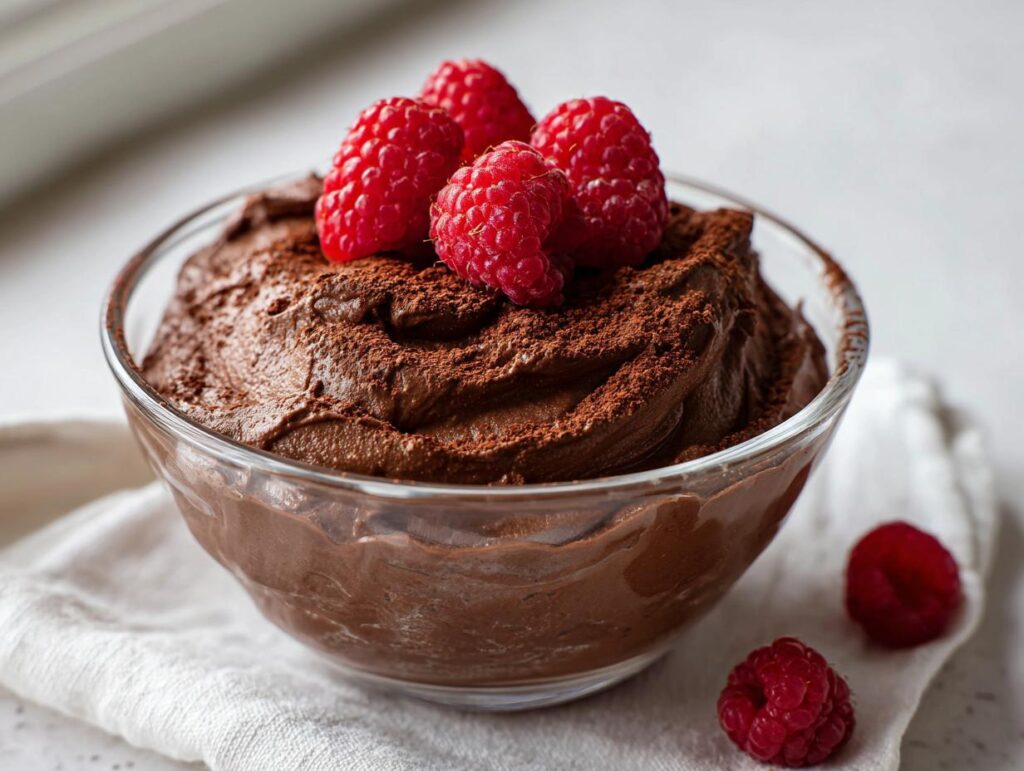 Glass bowl of healthy chocolate avocado mousse dessert topped with fresh raspberries and cocoa powder.
