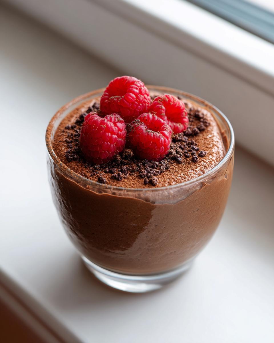 Glass of healthy chocolate avocado mousse dessert topped with fresh raspberries and cocoa powder.