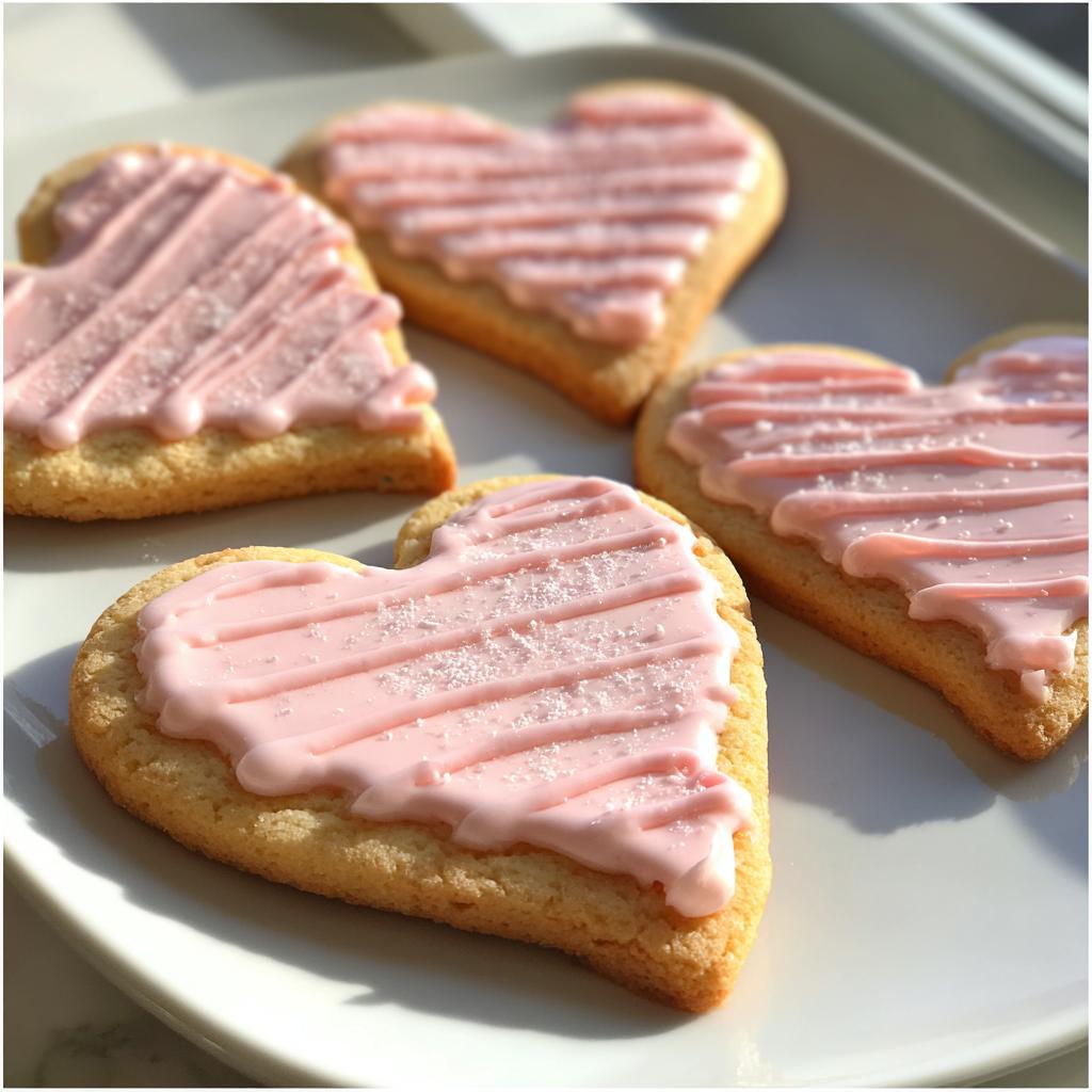 Four heart shaped sugar cookies with pink icing drizzle on a white plate.