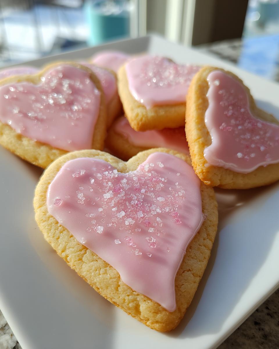 Plate of heart shaped sugar cookies with pink icing and sugar crystals.