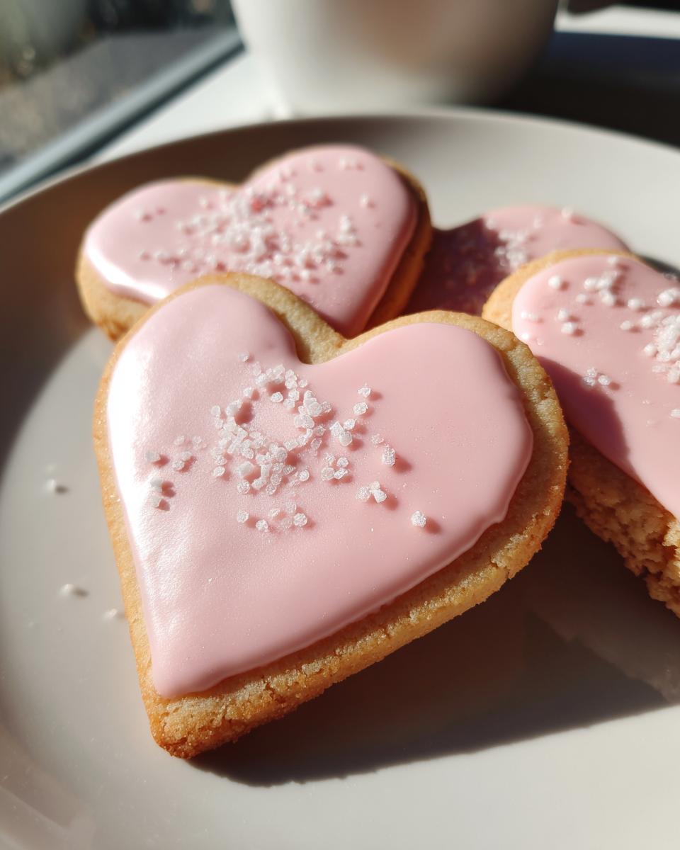 Close-up of heart shaped sugar cookies with smooth pink icing and sprinkled sugar crystals.