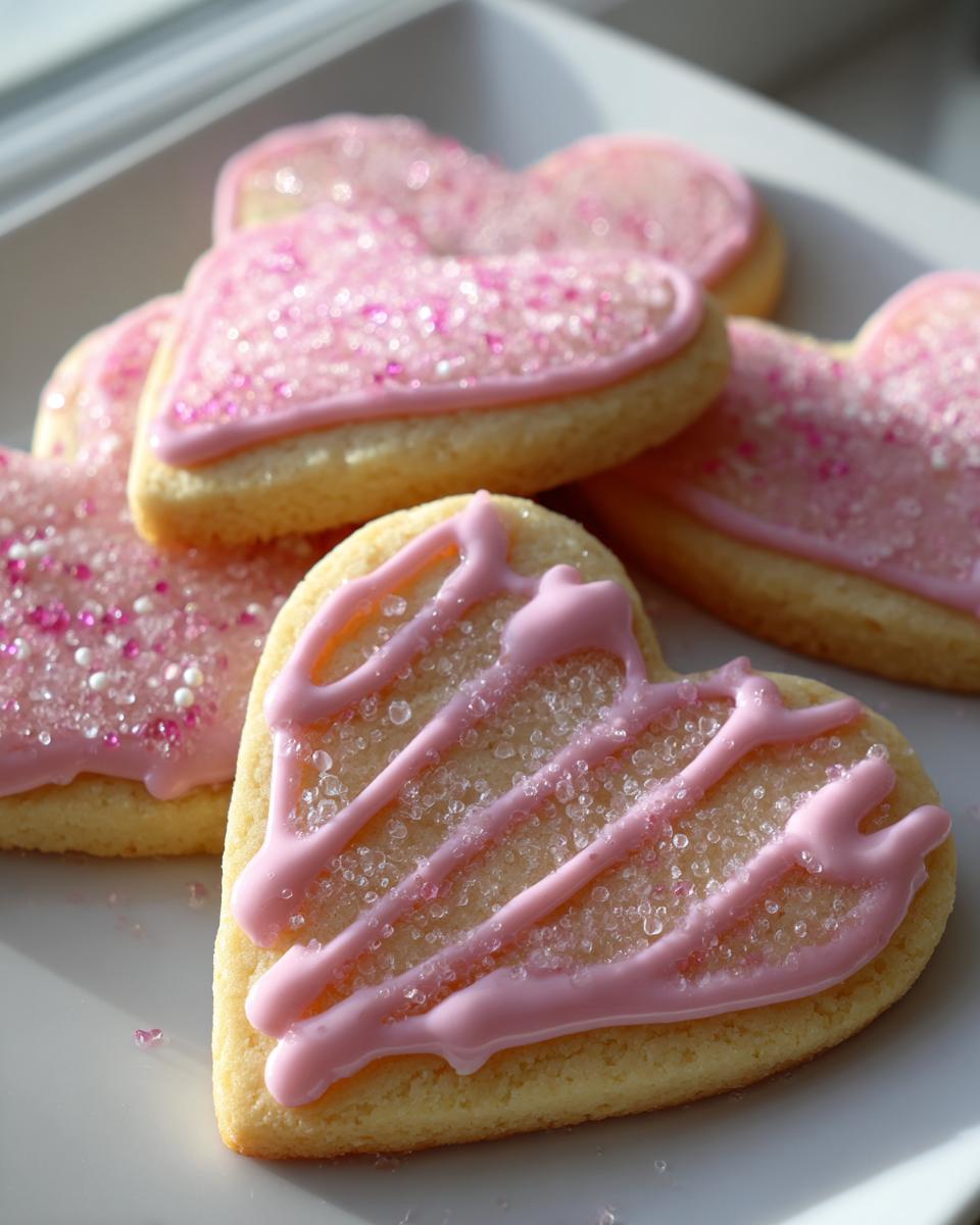 Close-up of heart shaped sugar cookies decorated with pink icing and sparkling sugar crystals.