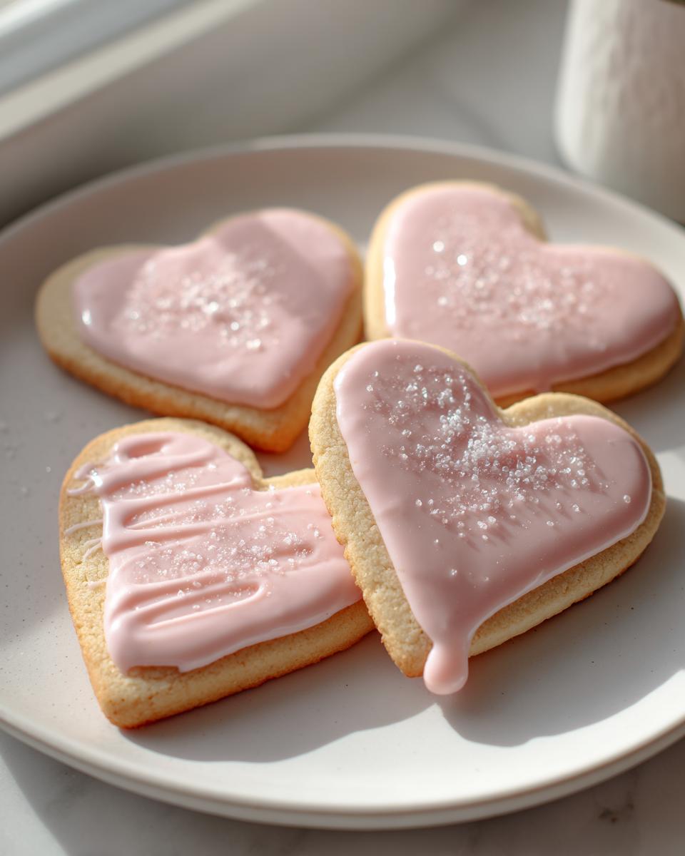 Four heart shaped sugar cookies with pink icing and sugar sprinkles on a white plate