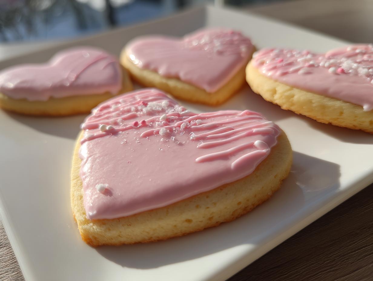 Close-up of heart shaped sugar cookies with smooth pink icing and sprinkles on a white plate.